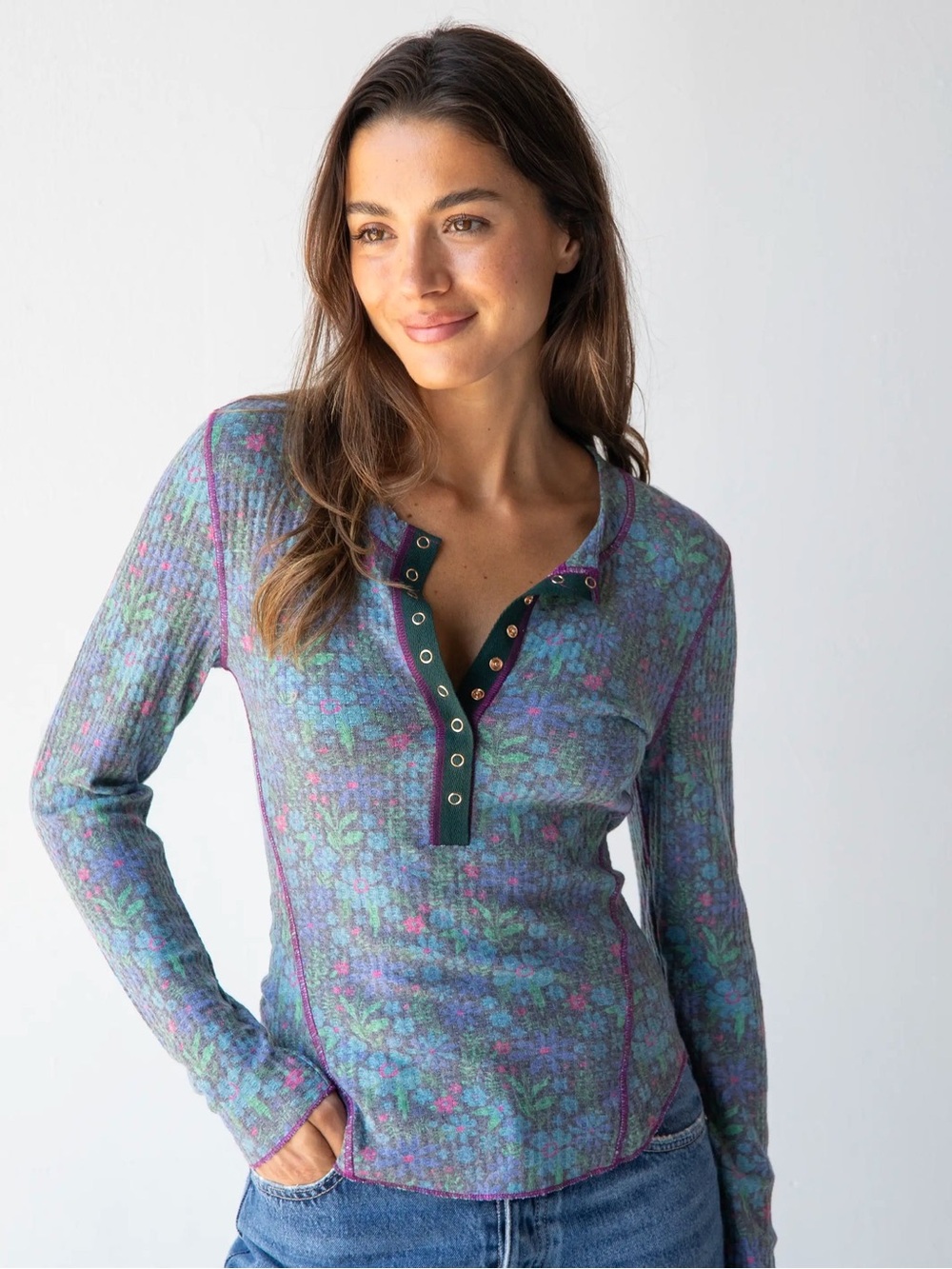 Natural Life Reagan Thermal Henley Long Sleeve Top Dark Blue Garden Large NEW